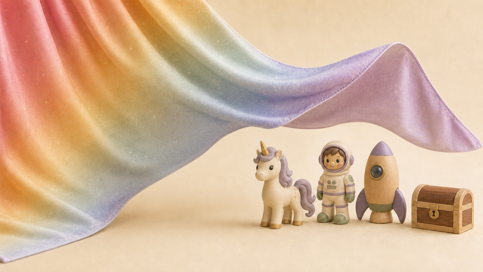 A unicorn, astronaut, rocket, and treasure chest beneath a Rainbow Hero Cloak