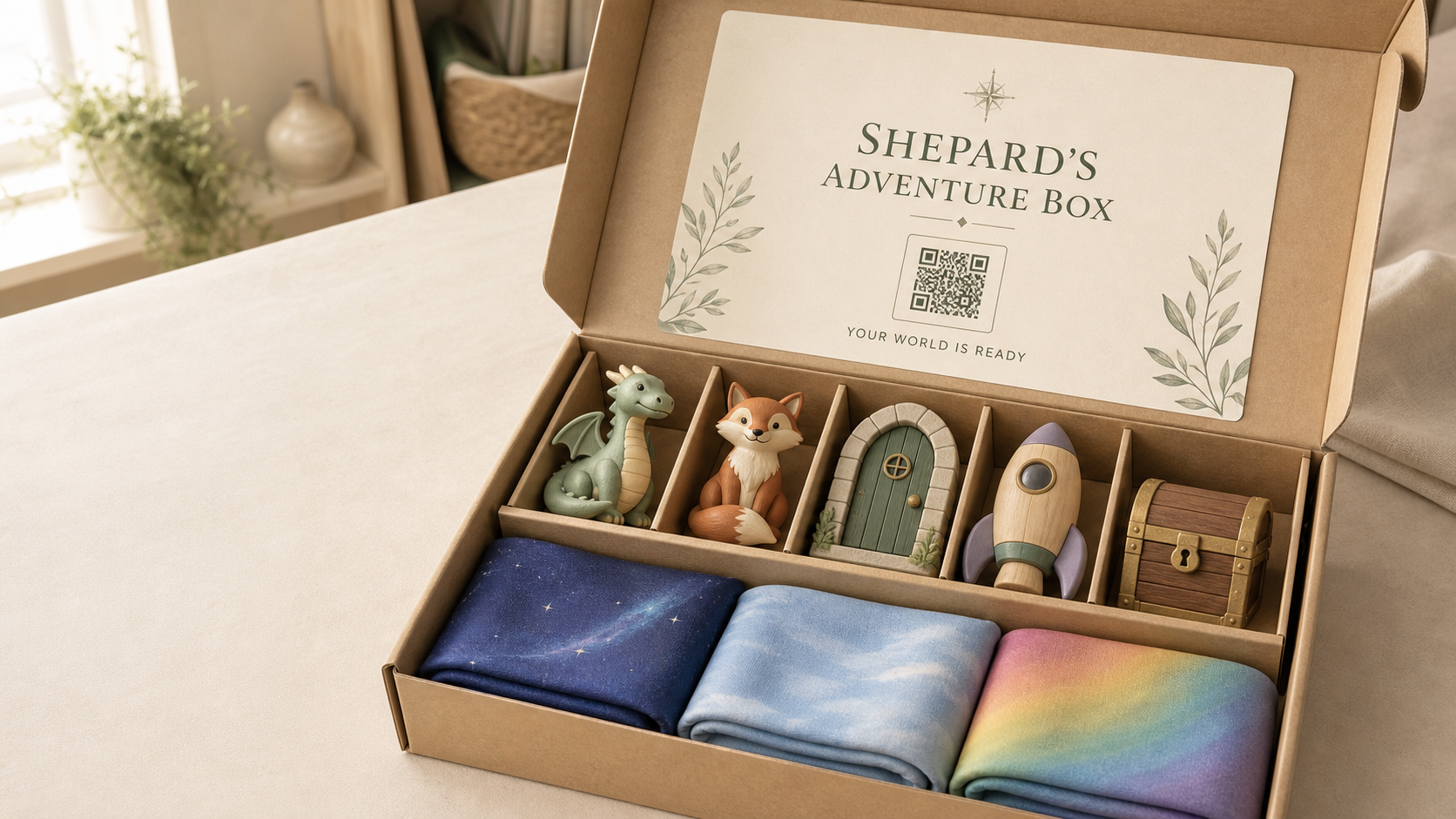 A personalized Adventure Box with Characters, Objects, and Landscape Cloths